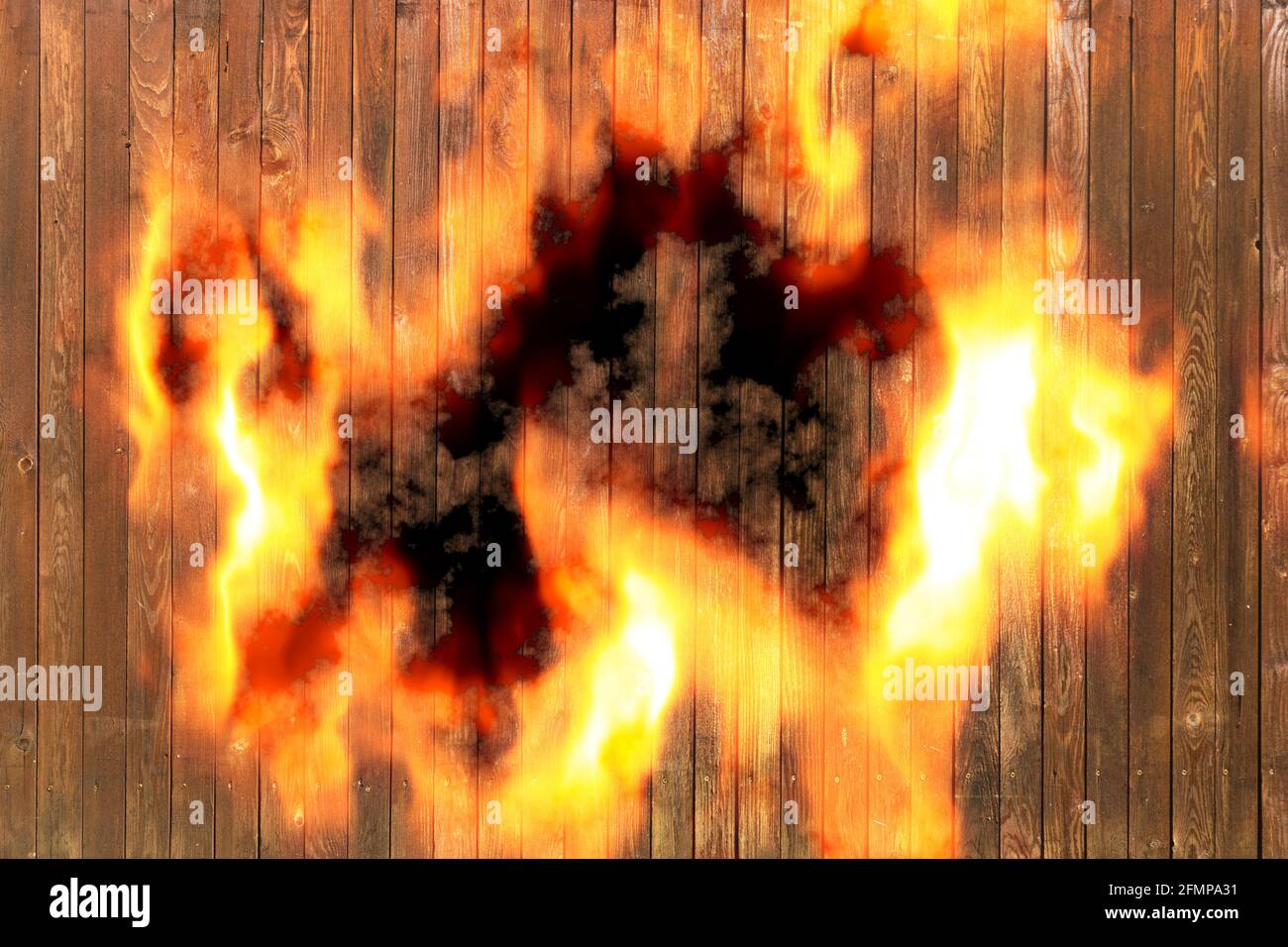 Holzplanken Hintergrund auf Feuer Stockfoto