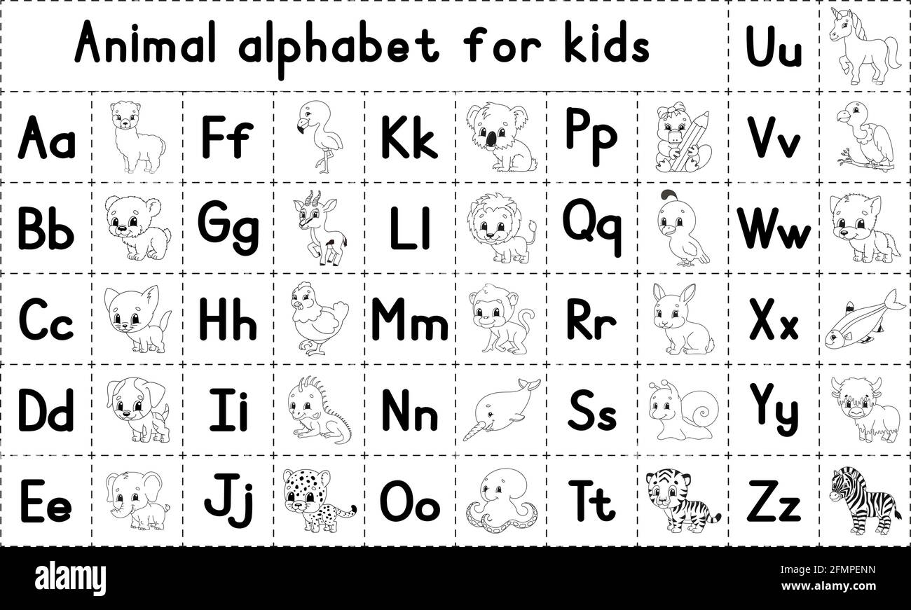 Englisches Alphabet mit Zeichentrickfiguren. Malseite. Vektorset. Lerne ABC. Klein- und Großbuchstaben. Stock Vektor