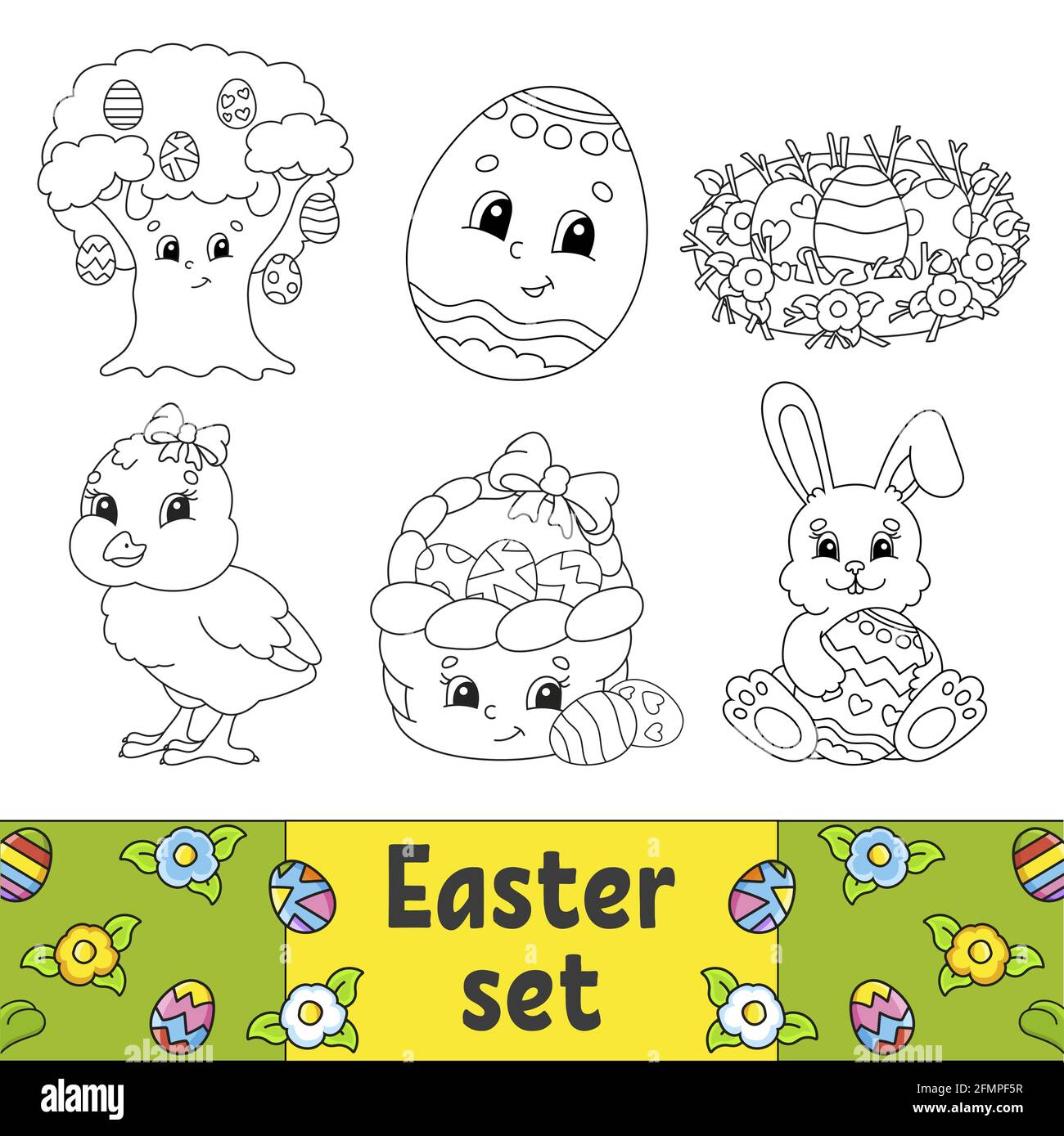 Bild für Kinder. Ostern Clipart. Fröhliche Charaktere. Vektorgrafik. Niedlicher Cartoon-Stil. Schwarze Kontur Silhouette. Isoliert auf weißem Rücken Stock Vektor