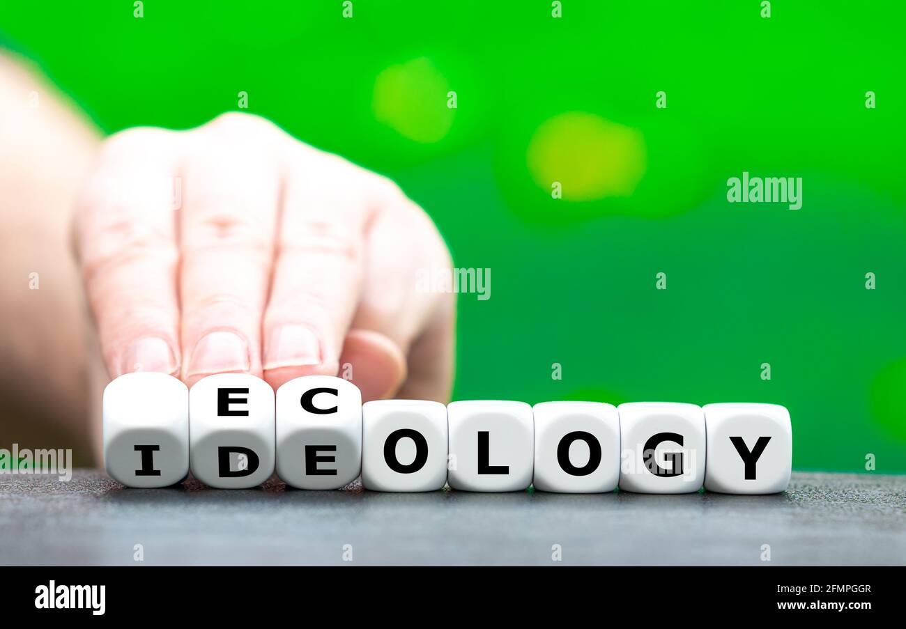 Die Hand dreht Würfel und ändert das Wort „Ideologie“ in „Ökologie“. Stockfoto