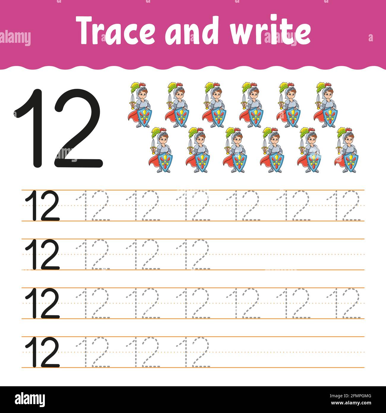 Zahlen Lernen. Trace und Write. Handschriftverfahren. Lernzahlen für Kinder. Arbeitsblatt zur Entwicklung von Schulungen. Aktivitätsseite Farbe. Isolierter Vektor Stock Vektor