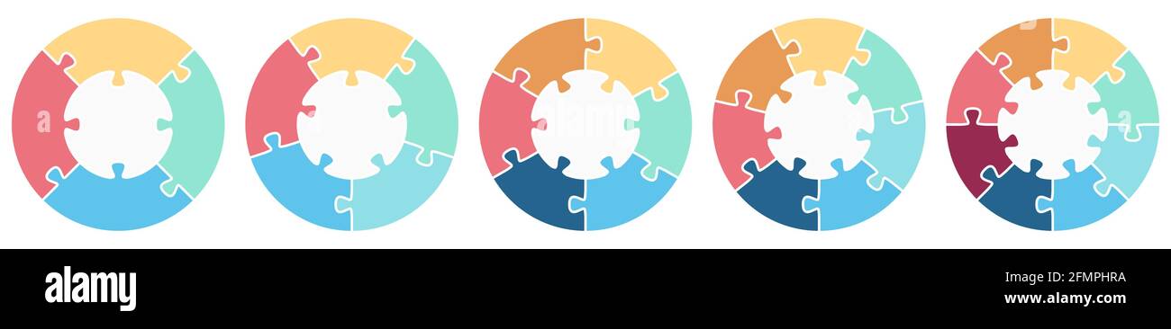 eps-Vektor-Illustration der runden farbigen Puzzle-Sammlung symbolisieren Zusammenarbeit oder Teamwork-Prozess mit weißer Basis, verschiedene Zahlen Optionen Idee Stock Vektor