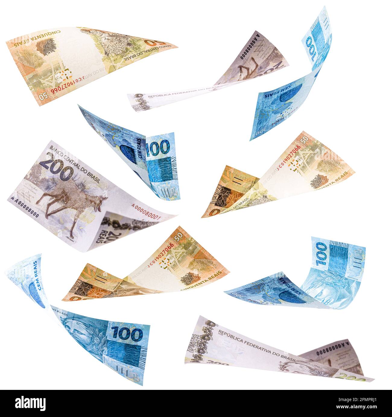 Viele Banknoten aus brasilien fallen auf weißem Hintergrund, zweihundert, einhundertfünfzig Reien im freien Fall Stockfoto
