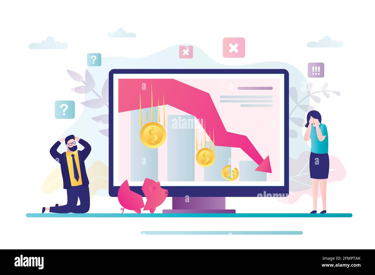 Buchhalter kündigt Insolvenz an. Frustrierter Geschäftsmann Investor kniet. Wirtschaftliche Probleme, globale Krise und Abwertung. Unzufriedene Geschäftsleute. S Stock Vektor