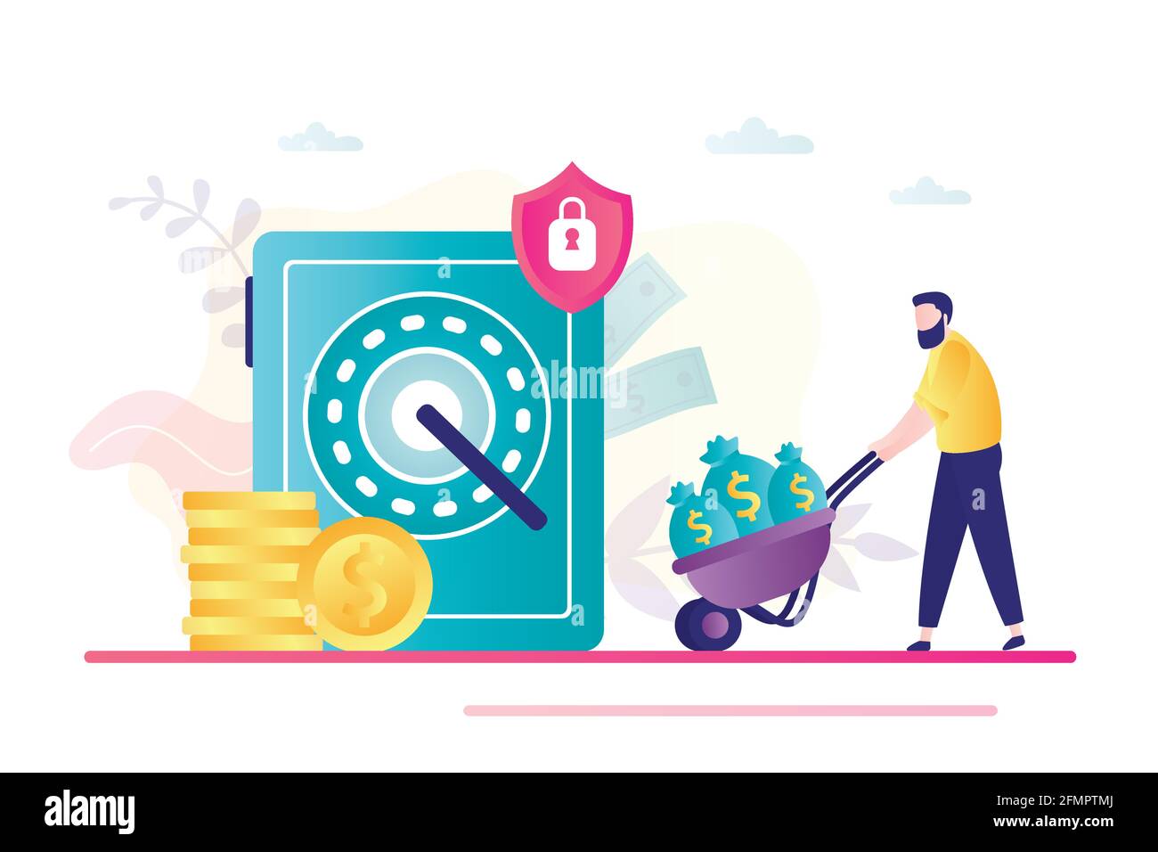 Sichere Speicherung von Einsparungen. Bankeinlage, reicher männlicher Charakter erhöhen Ihr Kapital. Geschäftsmann schiebt Wagen mit Geld, um Stahltresor. Investition p Stock Vektor