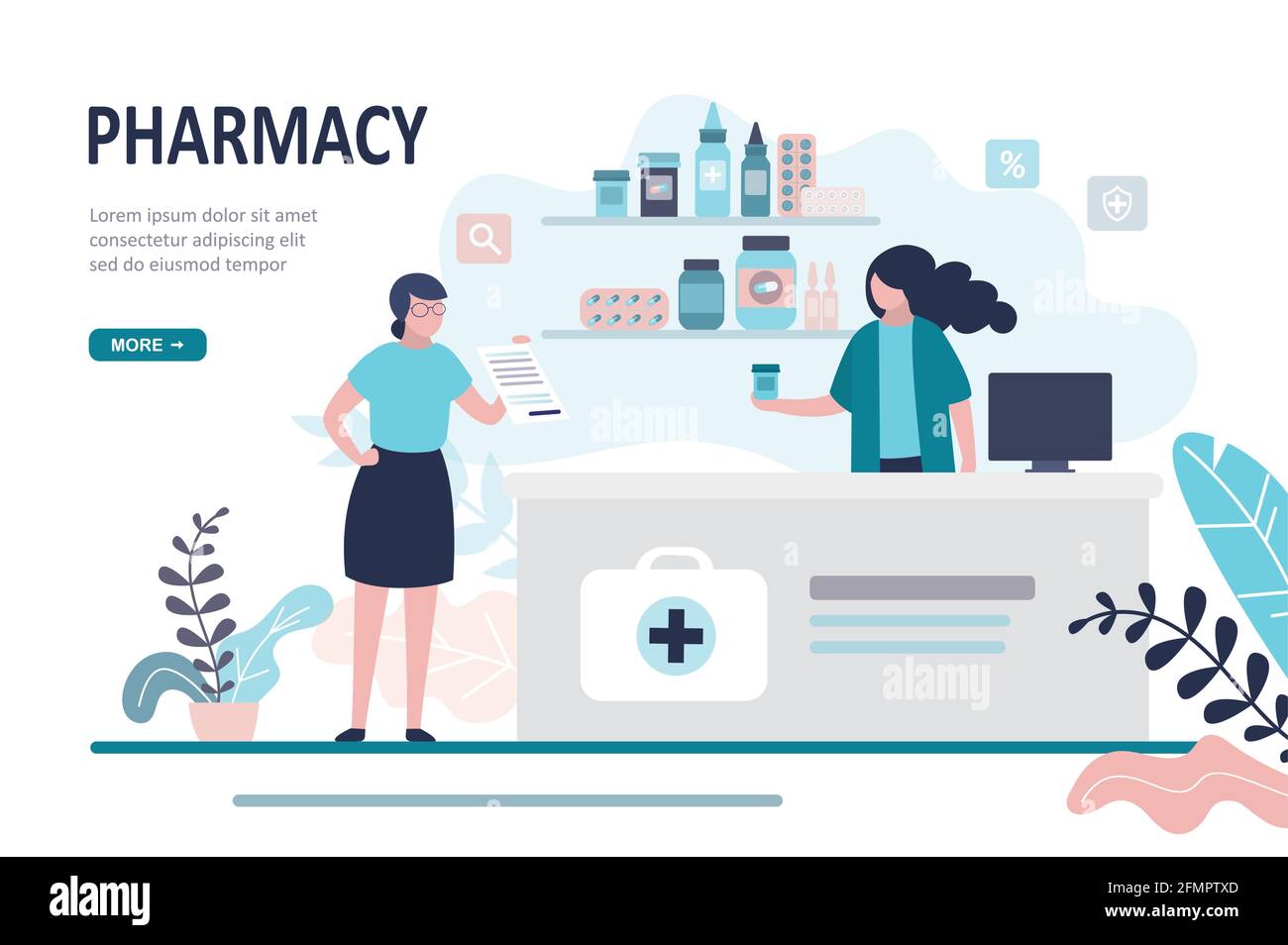 Arzt Apotheker und Patient in der Drogerie. Weibliche Kundin, die Medikamente in der Apotheke kauft. Gesundheits- und Einkaufskonzept. Landing Page, Websites Stock Vektor