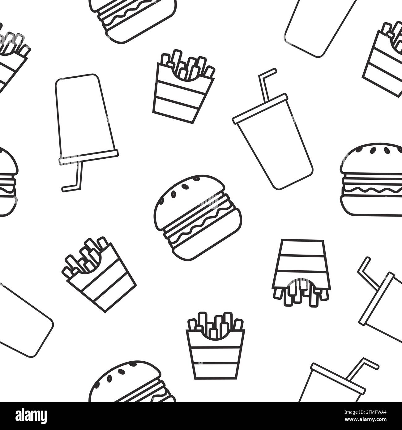 Burger-, Fries- und Sodamuster. Vektor nahtlose Muster oder Hintergrund mit Lebensmitteln Stock Vektor