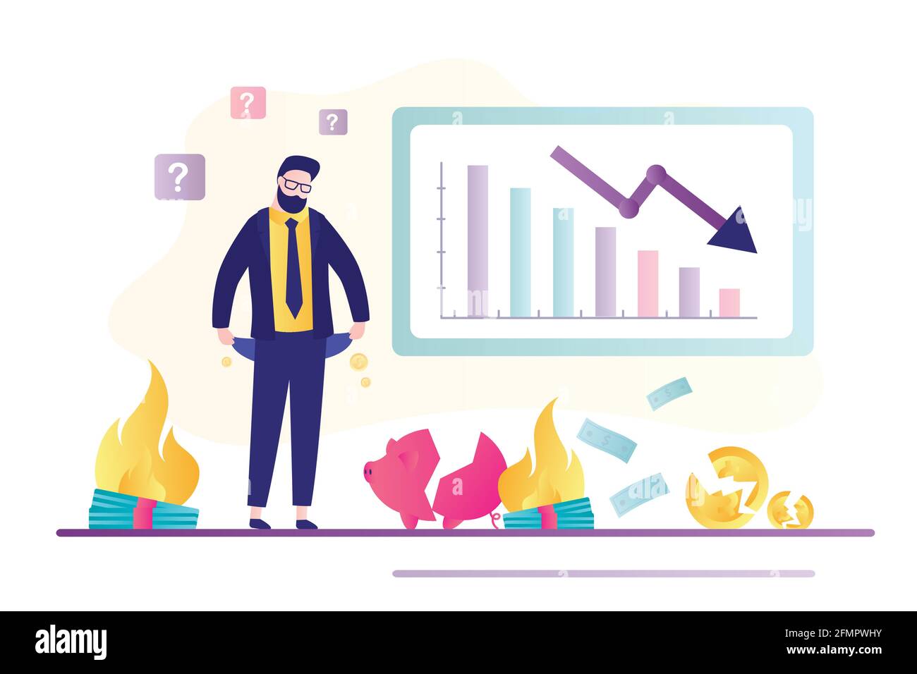 Bankrott mit leeren Taschen. Globale Krise, Finanzprobleme und Konkurs. Abwärtspfeildiagramm. Geschäftsmann verliert alle Spargelder, Inflation. Bus Stock Vektor