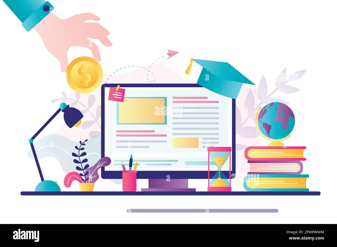 Arbeitsplatz mit modernem Computer und Bücherstapeln. Hand hält Goldmünze. Investitionen in Bildung. Wissen, Online-Kurse. Investment-Banner, Stude Stock Vektor