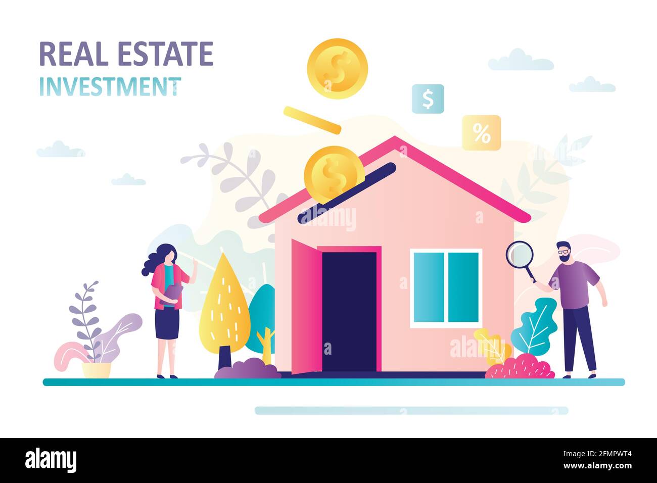 Geschäftsleute studieren Immobilienmarkt. Goldmünzen fallen ins Haus. Geldanlage in Immobilien. Mieteinnahmen Konzept. Hypothek, Hauskredit, Stock Vektor