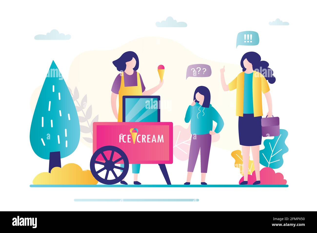 Mutter und Tochter kaufen Eis. Verkäuferin, die Dessert für Menschen verkauft. Lokales Kleinunternehmen, Takeaway-Handel. Geschäftsfrau mit Eiswagen w Stock Vektor