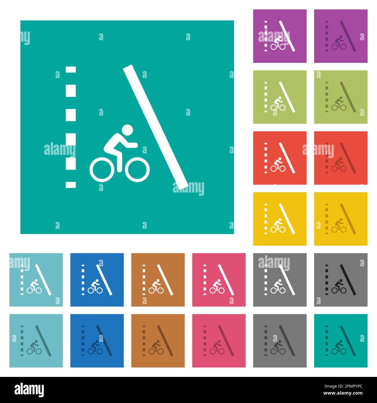 Mehrfarbige flache Symbole auf schlichten quadratischen Hintergründen für die Fahrradspur. Weiße und dunklere Symbolvarianten für schwebe- oder aktive Effekte. Stock Vektor