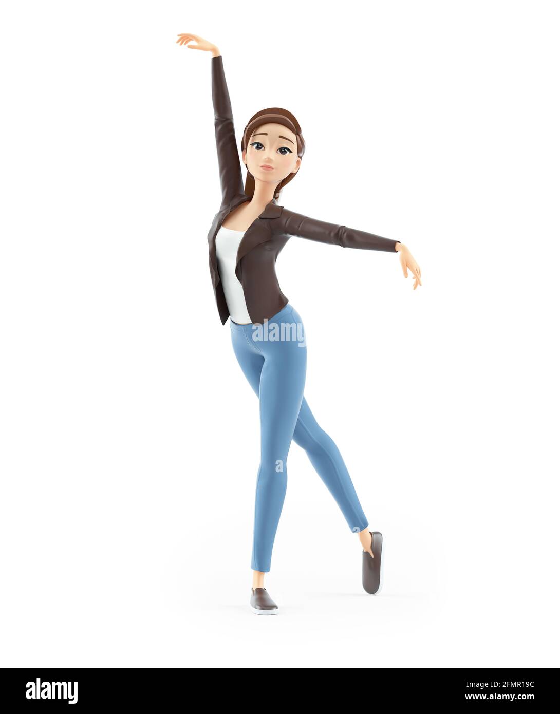 3d Cartoon Frau Ballett Tanz Pose, Illustration isoliert auf weißem Hintergrund Stockfoto