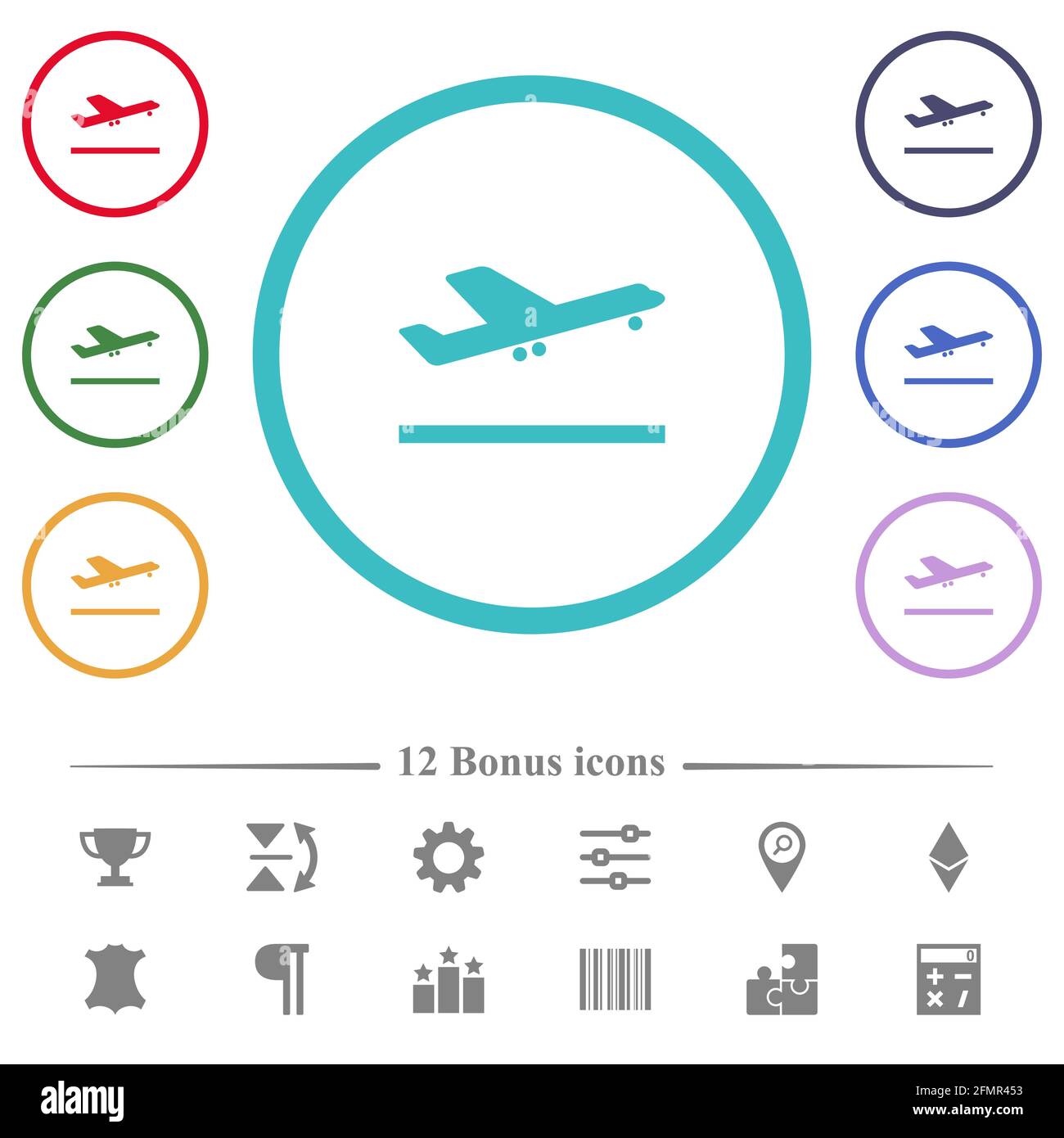 Flugzeug heben flache Farbsymbole in kreisförmigen Umrissen ab. 12 Bonus-Symbole enthalten. Stock Vektor