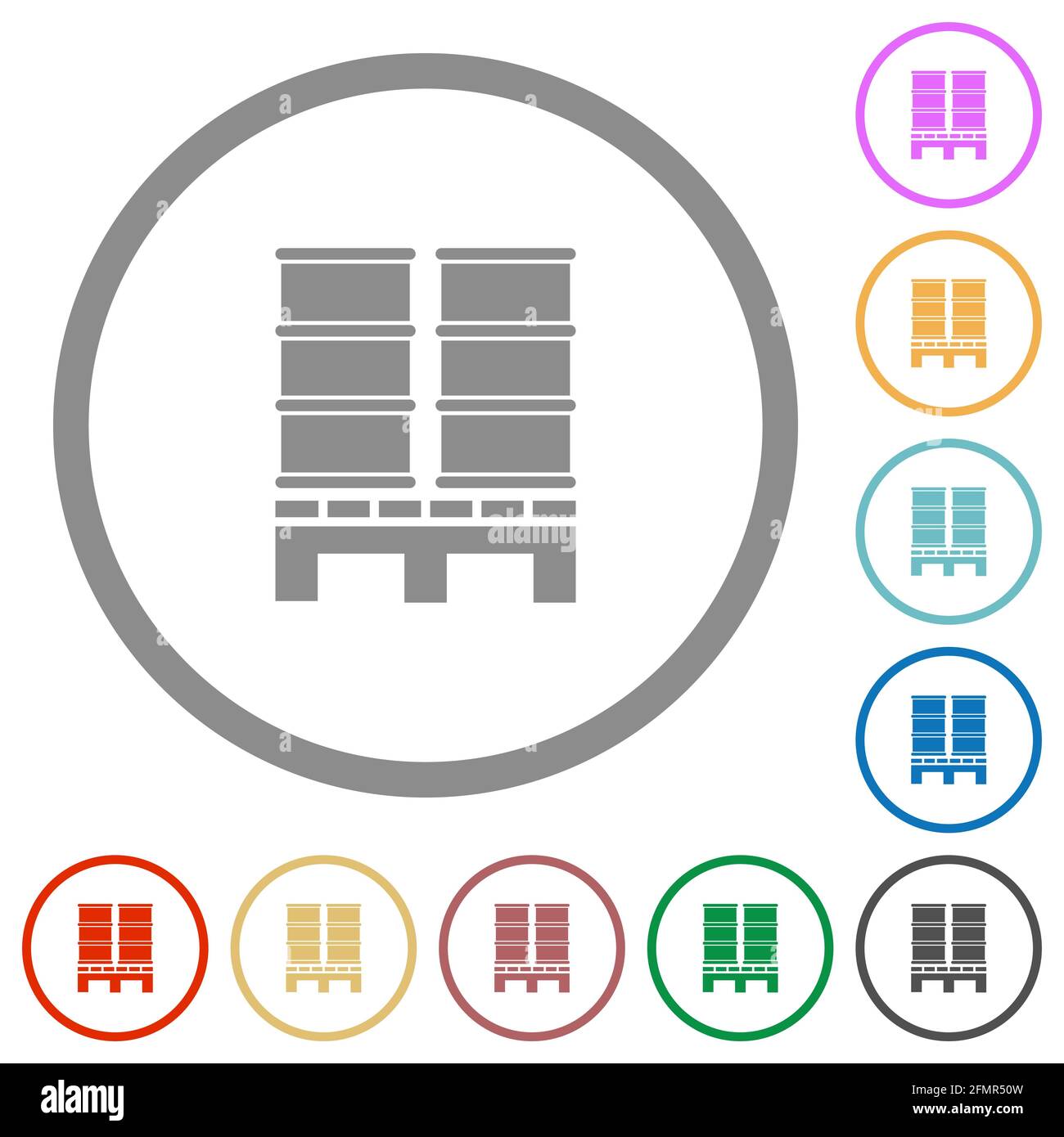 Palette mit Fässern flache Farbsymbole in runden Umrissen auf Weißer Hintergrund Stock Vektor