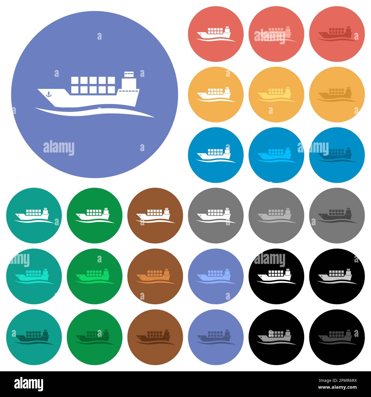 Frachter mit mehrfarbigen flachen Symbolen auf runden Hintergründen. Inklusive weißer, heller und dunkler Symbolvarianten für schwebe- und aktive Statuseffekte, Stock Vektor
