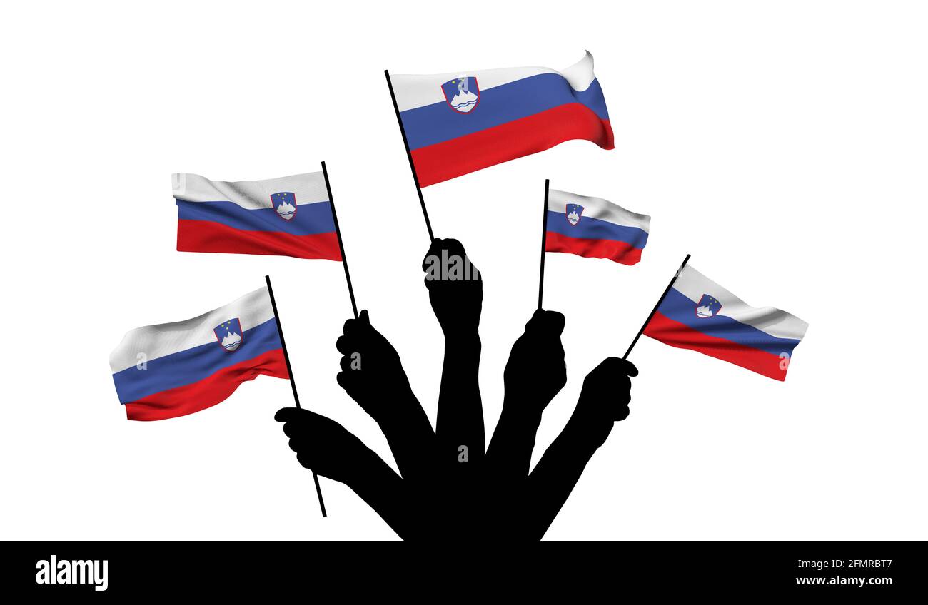 Die slowenische Nationalflagge wird geschwenkt. 3D-Rendering Stockfoto