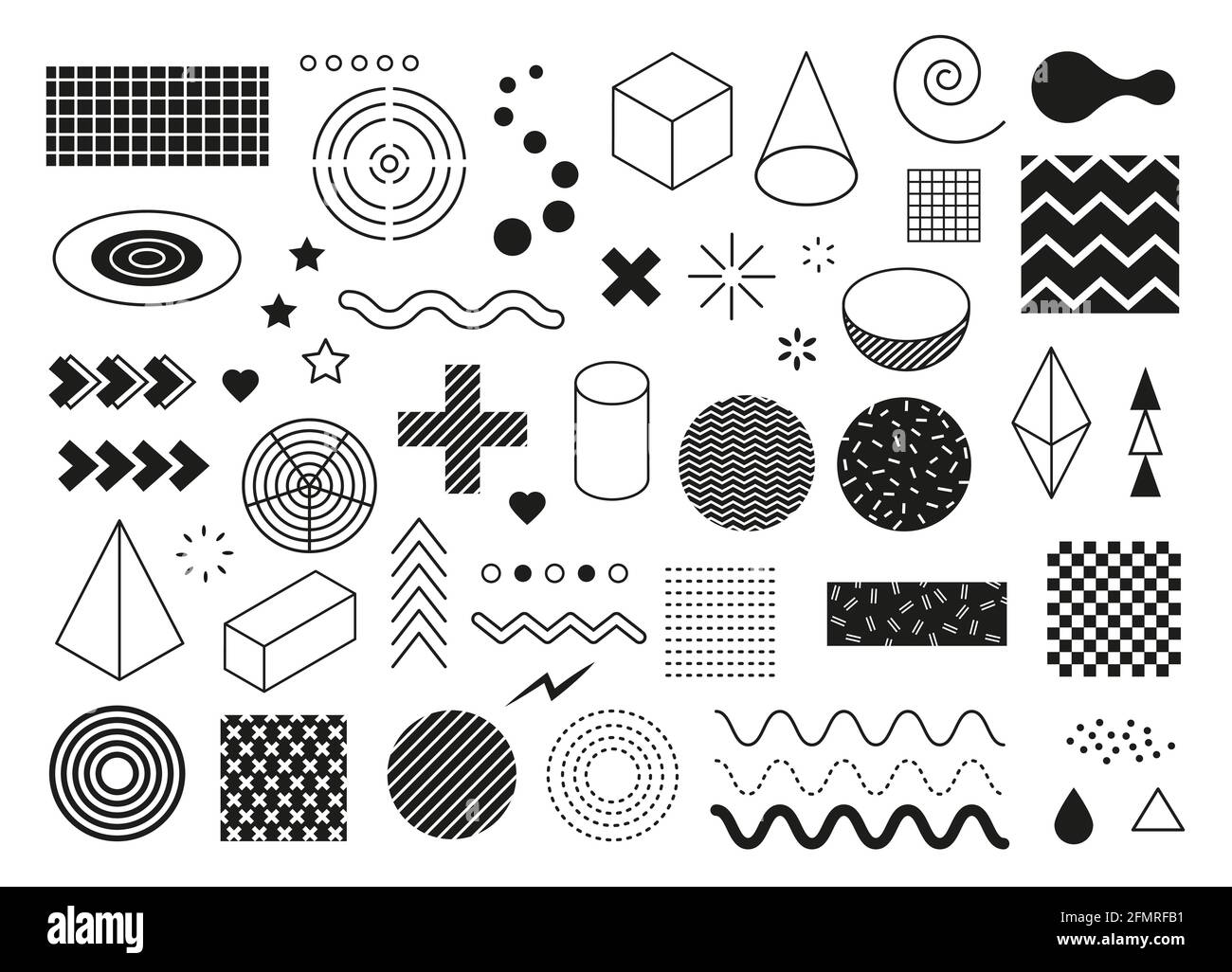 Abstrakte geometrische Formen. Moderne, minimalistische Grafikelemente. Welle, Dreieck, Halbkreis der Linie, Würfelform. Memphis Design Element Vektorset. Geschwungene und gestrichelte Linien, Wirbel und Sterne Stock Vektor