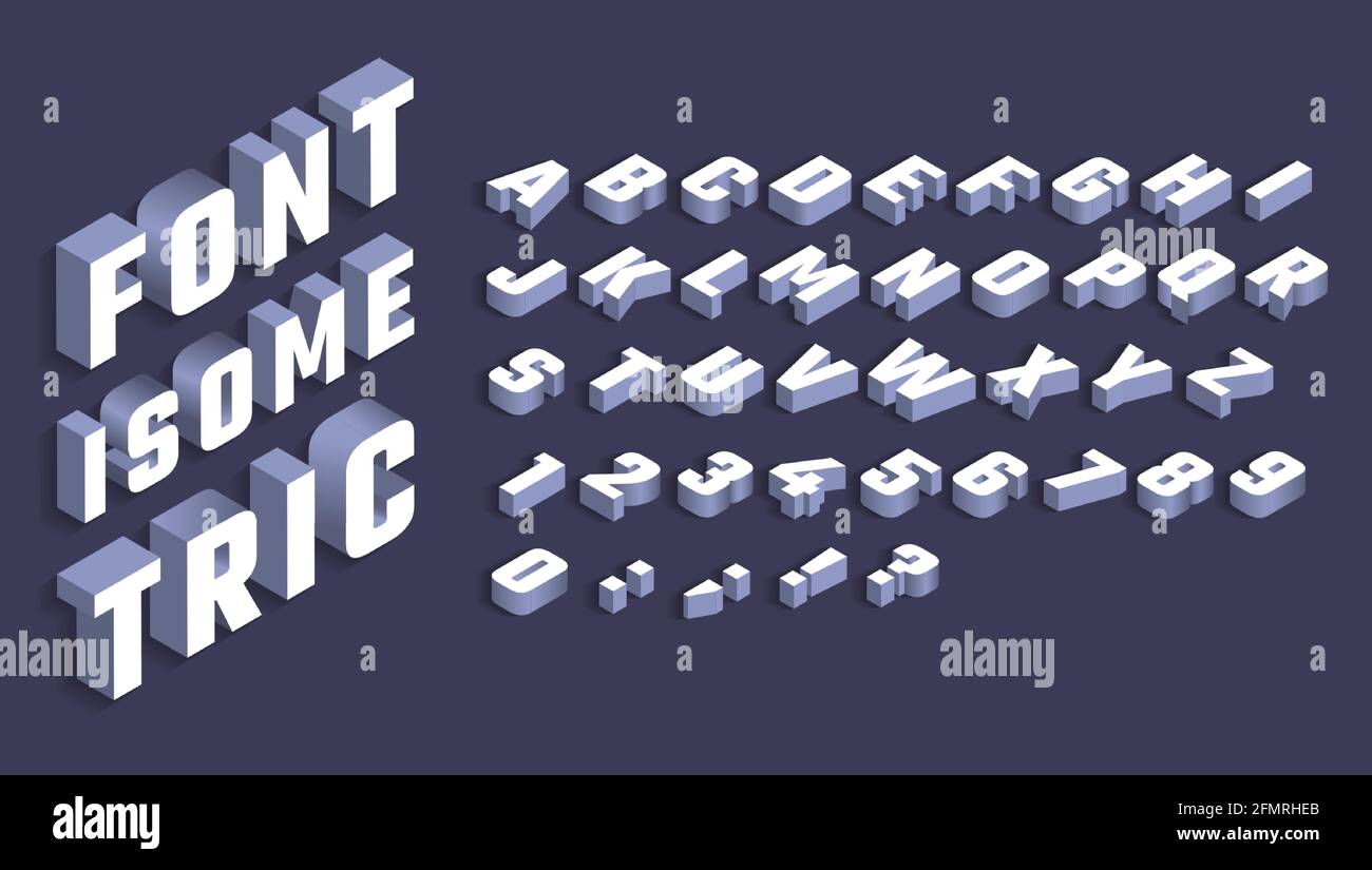Isometrisches Alphabet. weiße 3D-Buchstaben und -Zahlen mit Schatten, geben Sie isometrische Projektion ein. 80s futuristische Retro-Schrift Vector Schrift. Kräftige Buchstaben, geometrisch-moderne oder trendige Typografie Stock Vektor