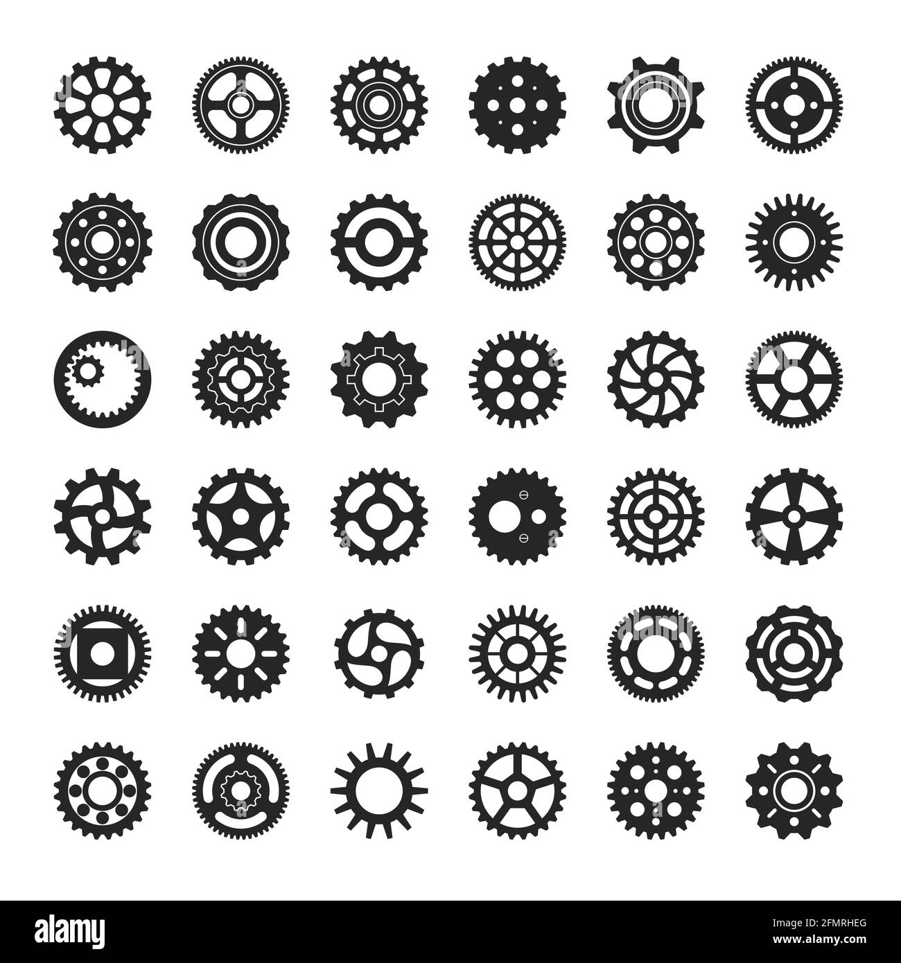 Zahnradsymbol. Industriemotorgetriebe oder Zahnrad Runde Zahnrad-Mechanismus, Maschinenbauräder, Uhrzahnräder, mechanische Räder Vektor-Set. Fertigungs- und Engineering-Ausrüstung Stock Vektor