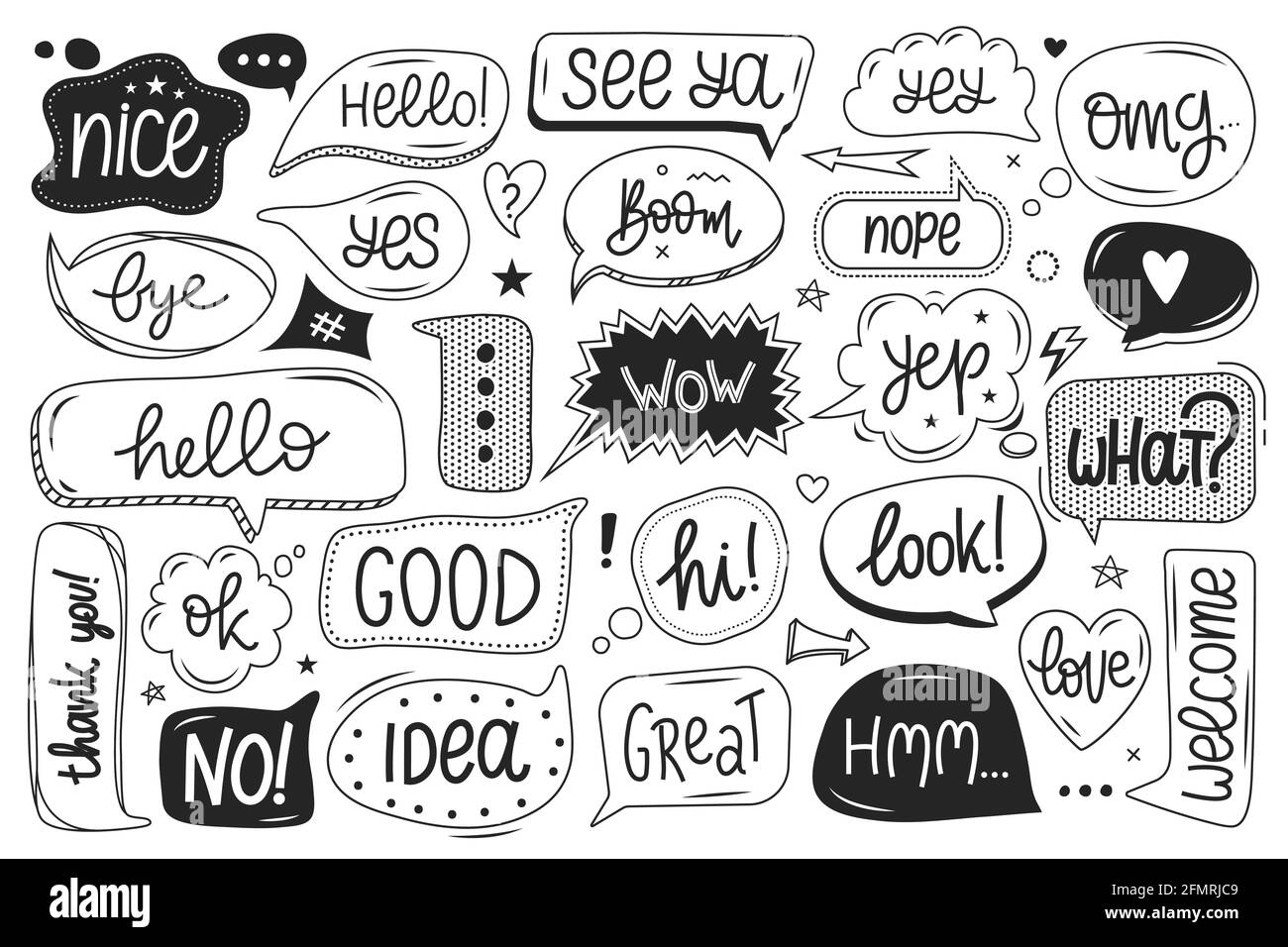 Susse Sprechblase Handgezeichnete Sprechblasen Mit Handgeschriebenem Text Dialog Textblasen Mit Lustigen Wortern Und Doodle Elemente Vektor Set Schwarz Weiss Denken Wolken Mit Phrasen Wie Wow Hallo Stock Vektorgrafik Alamy