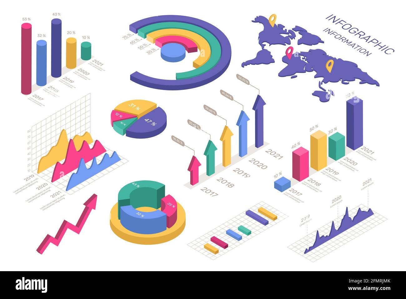 Isometrische Diagramme. Kreisdiagramm, Weltkarte, Kreis- und Donut-Diagramm, Grafik. 3d-Datenanalyse-Infografik-Elemente für Präsentationsvektorsatz. Berichtsbezugssystem mit Zahlenstatistiken, Analyse Stock Vektor