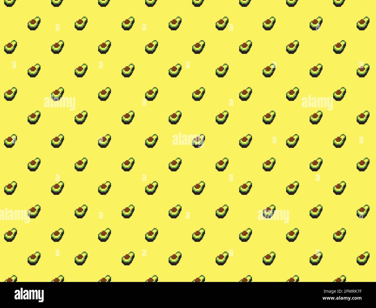 Pixel-Avocados auf gelbem Hintergrund - nahtloses Muster Stockfoto