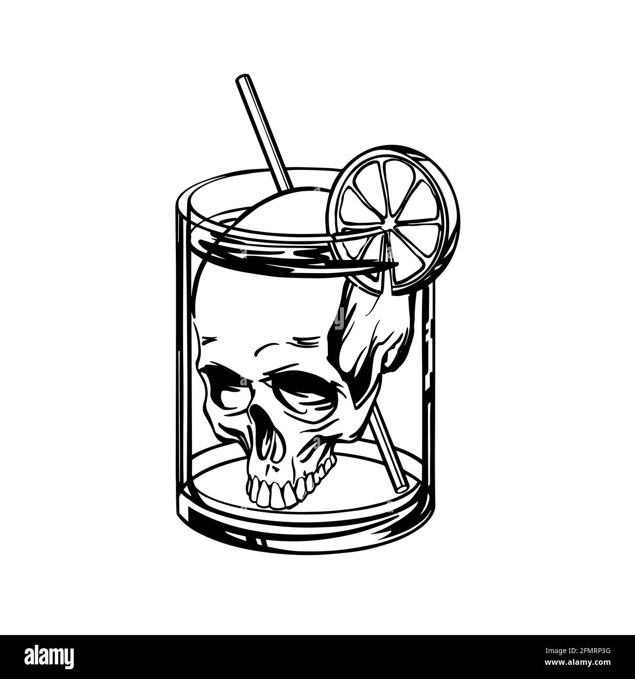 Tödlicher Cocktail mit Totenkopf im Glas - linearer Stil. Vektorgrafik. Stock Vektor