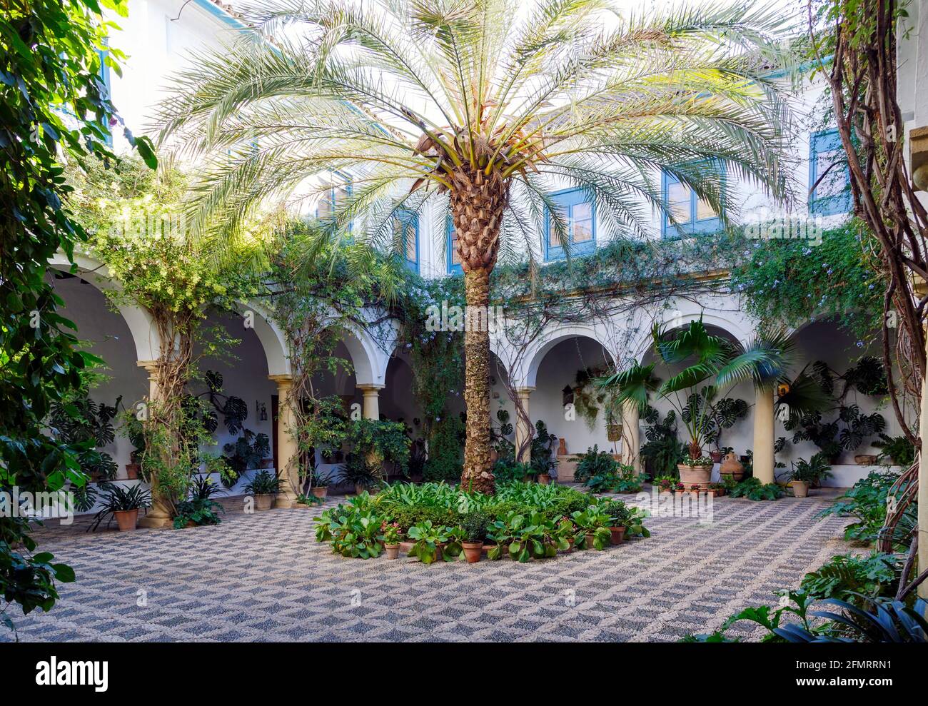 Typischen andalusischen Patio mit Brunnen und zahlreichen Pflanzen Geranien und Nelken an den Wänden. Córdoba, Spanien Stockfoto