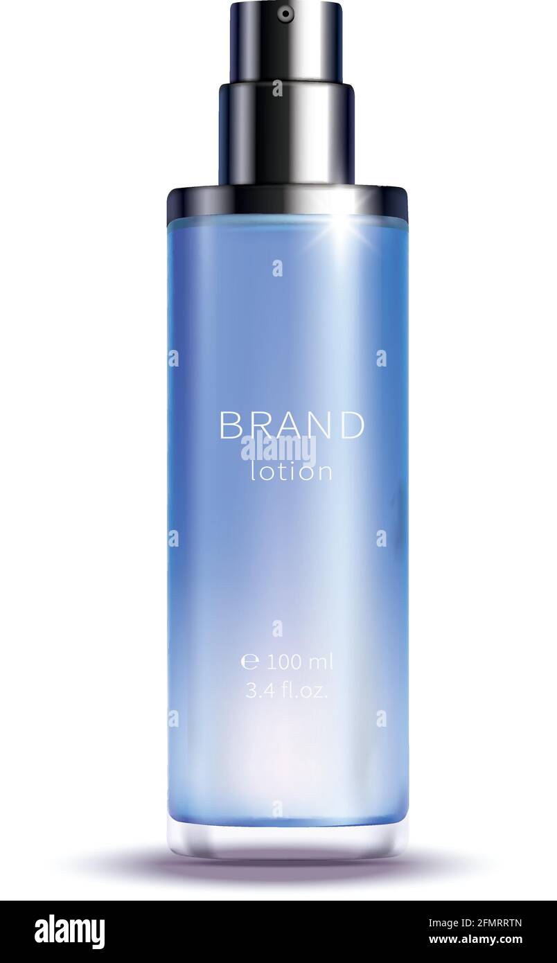 Vektor kosmetisch realistisches Produkt. Blaue Glas-Sprühflasche mit Spender aus glänzendem Silber, isoliert auf weißem Hintergrund, hochwertiges Kosmetikdesign Stock Vektor