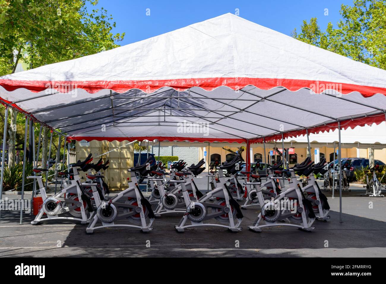 Schwinn Carbon Blue Spin Bikes werden für einen Spinning-Kurs im Freien unter dem Zelt aufgestellt. - San Jose California, USA - 2021 Stockfoto