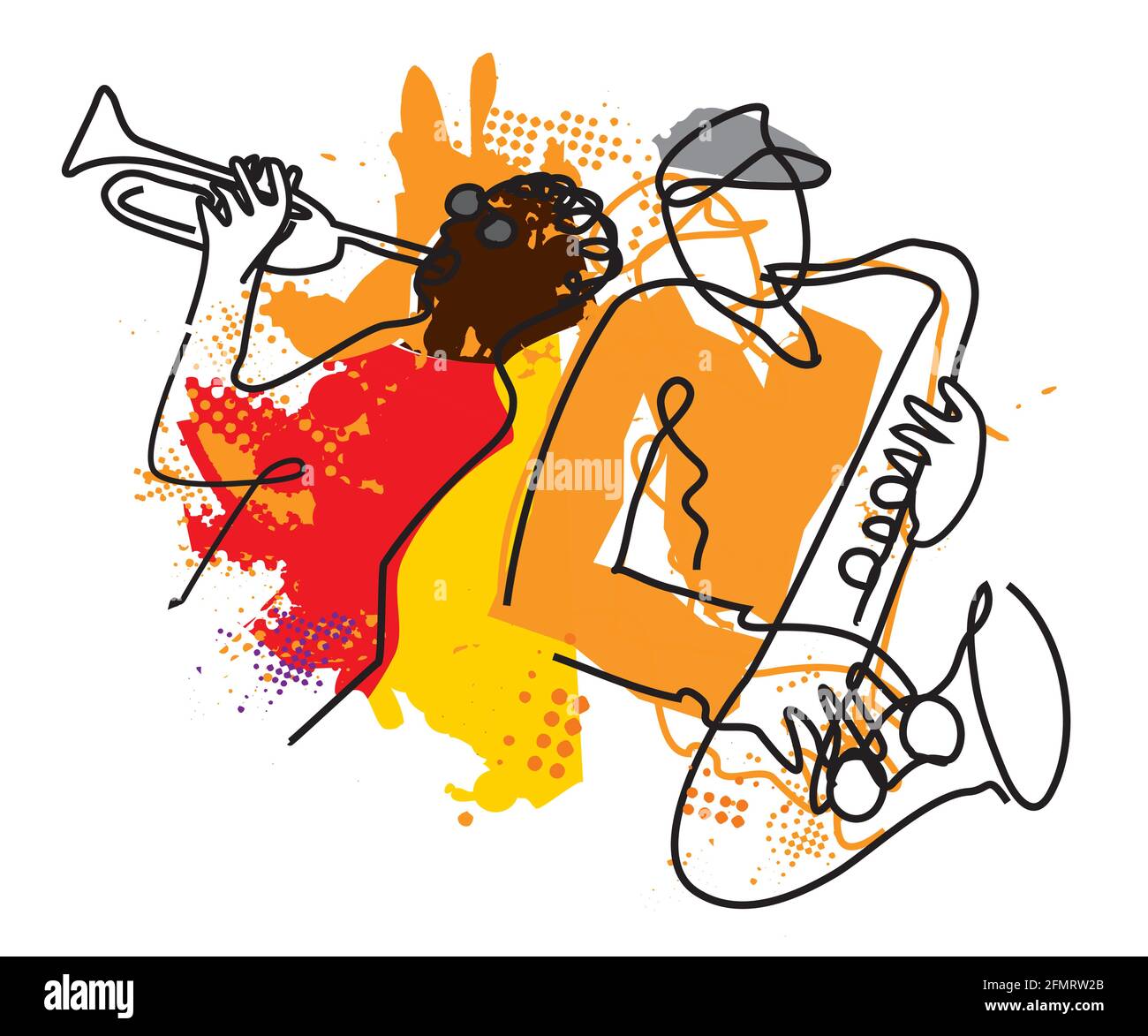 Jazz-Thema mit Trompeter und Saxophonist. Expressive Illustration von zwei Jazzmusikern, durchgehende Linienzeichnung. Vektor verfügbar. Stock Vektor