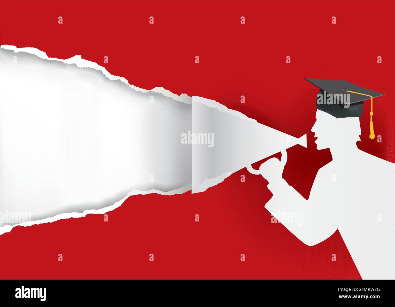 Papierschülerin, Absolvent mit Megaphon. Roter Papierhintergrund mit Papiersilhouette von Absolvent hält ein Megaphon.Platz für Ihren Text oder Bild. Ve Stock Vektor