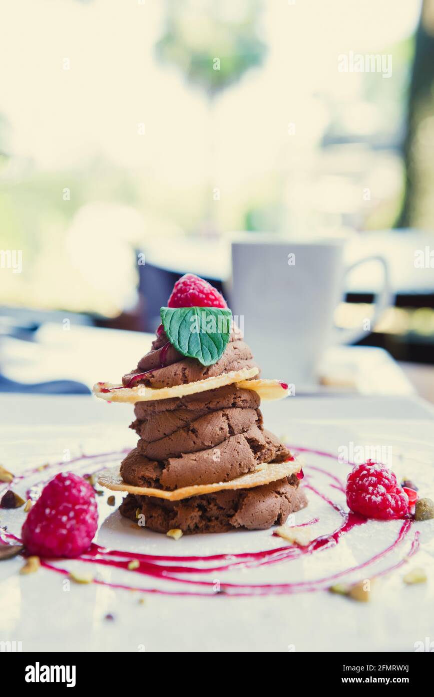 Nahaufnahme von Schokoladenmousse mit Beeren und Keksen Stockfoto