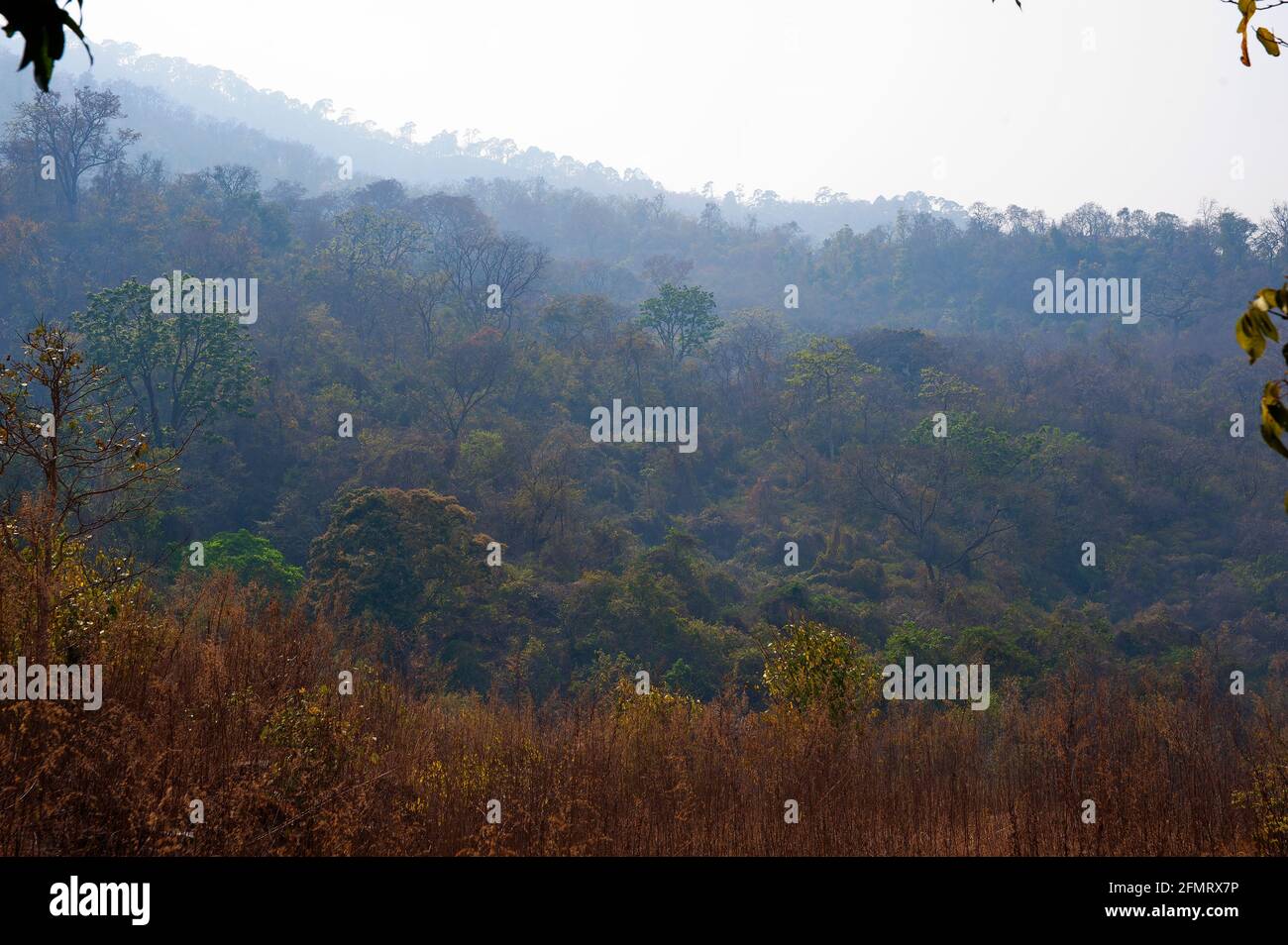 Thak Village und Kamm, wo der Weg nach Chuka hinuntergeht, sind zu sehen, berühmt gemacht durch Jim Corbett in seinem Buch Maneaters of Kumaon, Uttarakhand, Indien Stockfoto