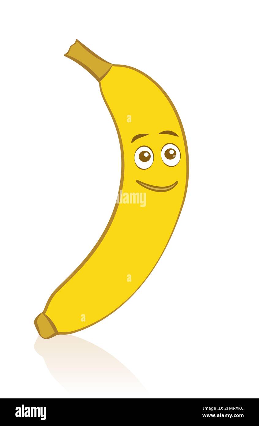 Comic Banane mit lächelndem Gesicht mit freundlichen Augen - Illustration auf weißem Hintergrund. Stockfoto