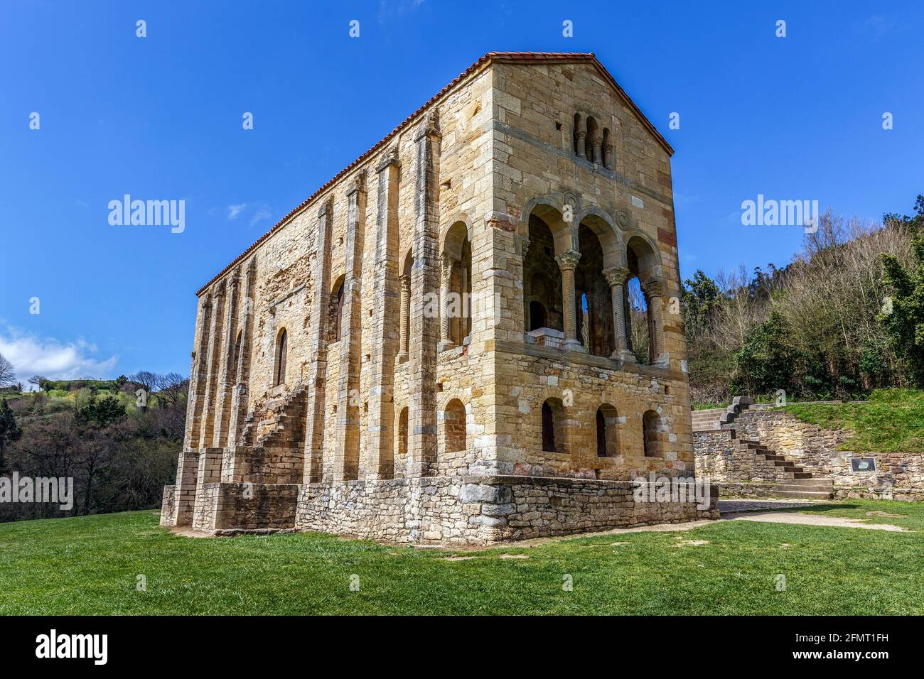 Kirche Santa Maria del Naranco, IX Jahrhundert, in Oviedo Asturien, Spanien, UNESCO Stockfoto