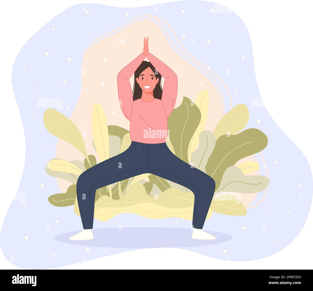 Glückliche Frauen stehen auf dem Boden und meditieren in Yoga-Pose. Meditationspraxis Konzept im Cartoon-Stil. Vektorgrafik Stock Vektor