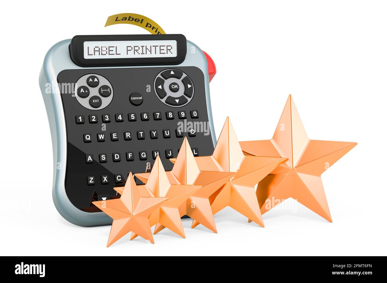 Bewertung des Etikettendruckers Konzept. Etikettendrucker mit fünf goldenen Sternen, 3D-Rendering isoliert auf weißem Hintergrund Stockfoto