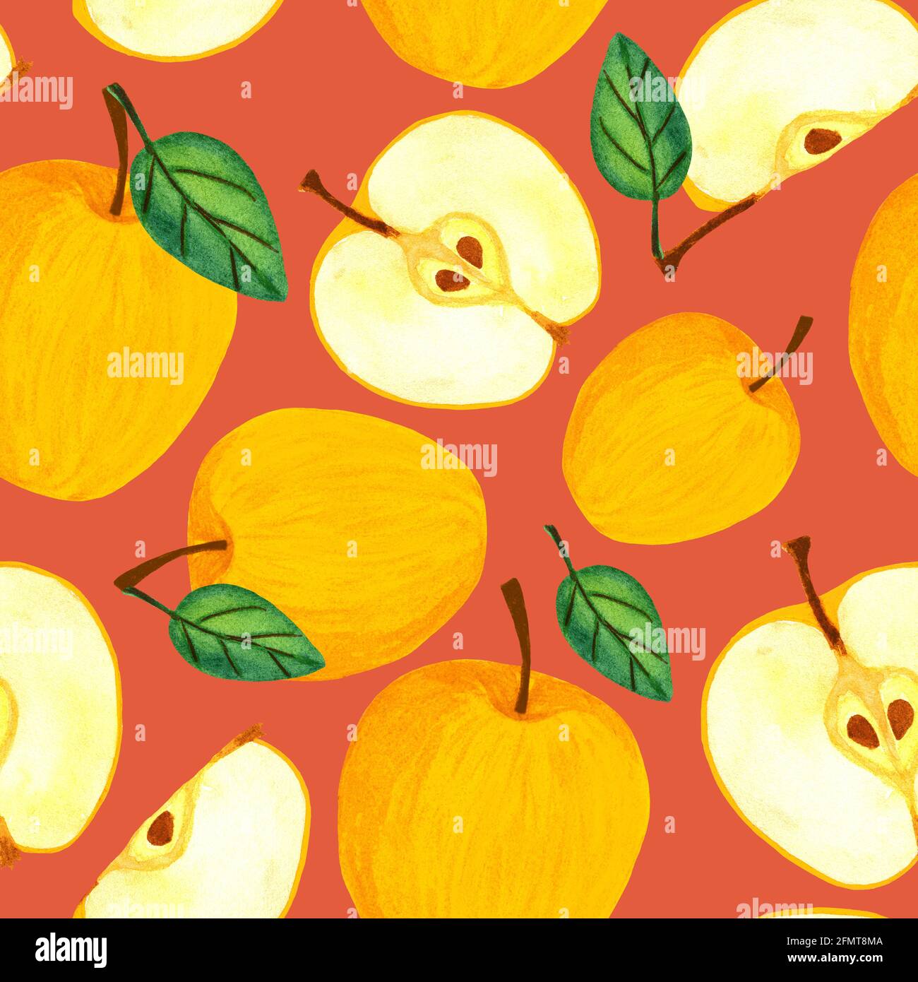 Gelber Apfel im nahtlosen Muster. Wasserfarben saftige Frucht mit Blättern Stockfoto