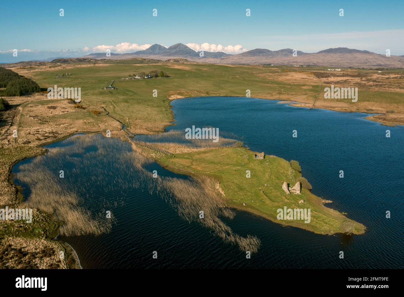 Luftaufnahme der historischen Stätte von Finlaggan auf Eilean Mòr in Loch Finlaggan, Islay. Finlaggan war der Sitz der Herren der Inseln und von Clan Donald. Stockfoto