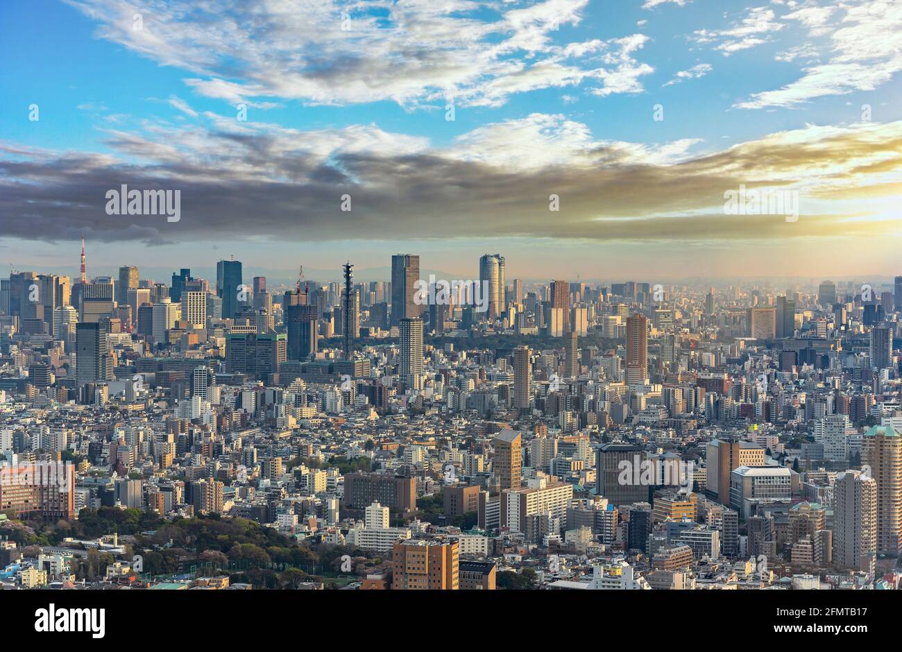 Stadtbild der Stadt Tokio bei Sonnenuntergang mit berühmten Wolkenkratzern wie den roppongi Hills oder dem Tokyo Tower. Stockfoto