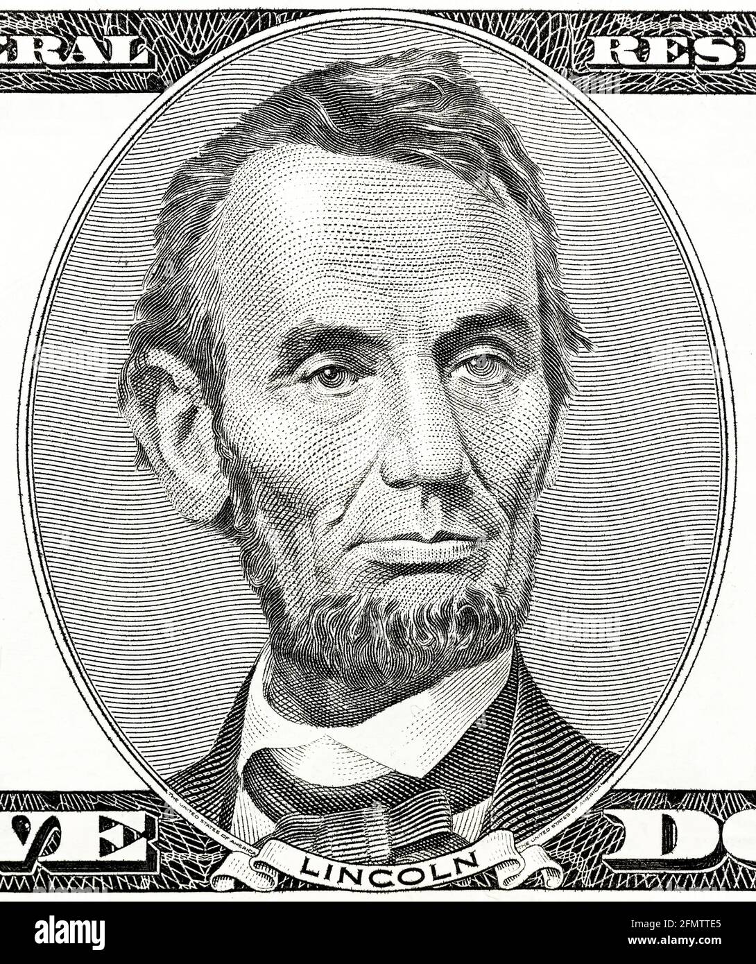 Porträt des ehemaligen US-Präsidenten Abraham Lincoln, als er auf der Vorderseite des fünf-Dollar-Gesetzes sieht Stockfoto