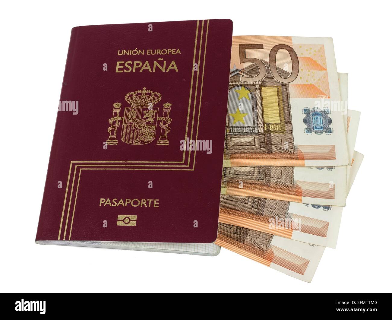 Spanischer Reisepass mit 50 Euro Kurenzzeit auf weißem Hintergrund. Stockfoto