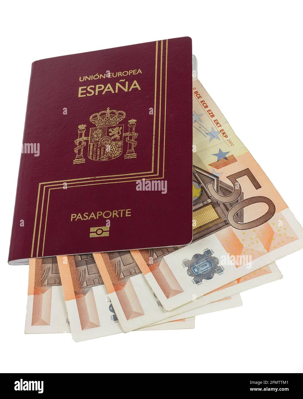 Spanischer Reisepass mit 50 Euro Kurenzzeit auf weißem Hintergrund. Stockfoto