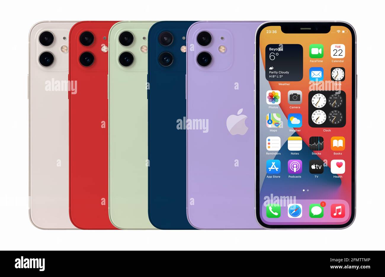 Antalya, Türkei - 11. Mai 2021: Neu veröffentlichtem iphone 12 Multicolor-Mockup mit verschiedenen Winkeln Stockfoto