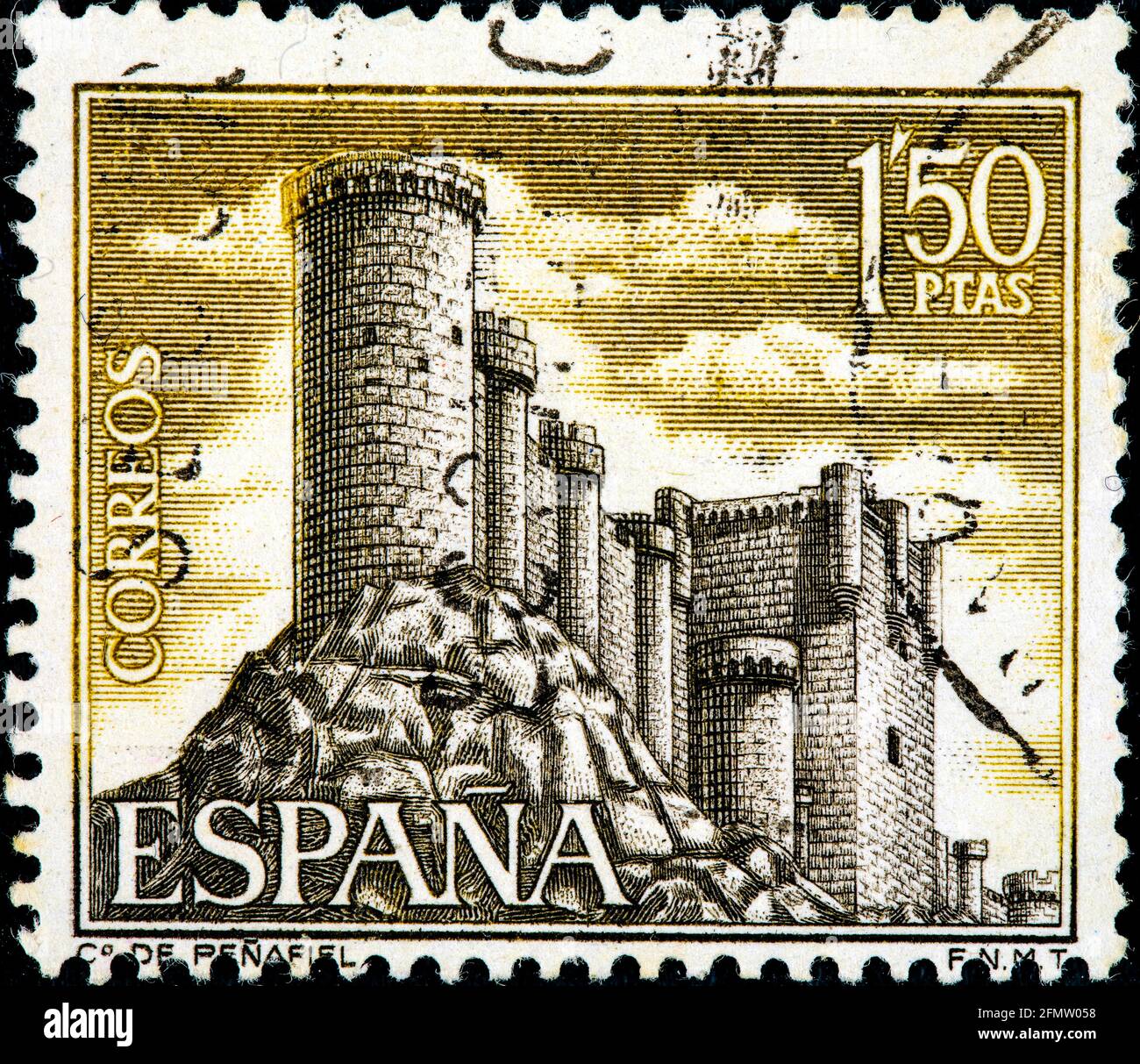 SPANIEN - UM 1968: Eine in Spanien gedruckte Marke aus der Ausgabe 'Spanish Castles (3rd Series)' zeigt Penafiel, um 1968. Stockfoto
