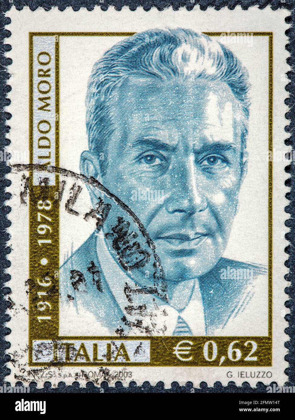 ITALIEN - UM 2003: Die von Italien gedruckte Briefmarke zeigt, dass Aldo Moro zweimal Premierminister seines Landes war Stockfoto