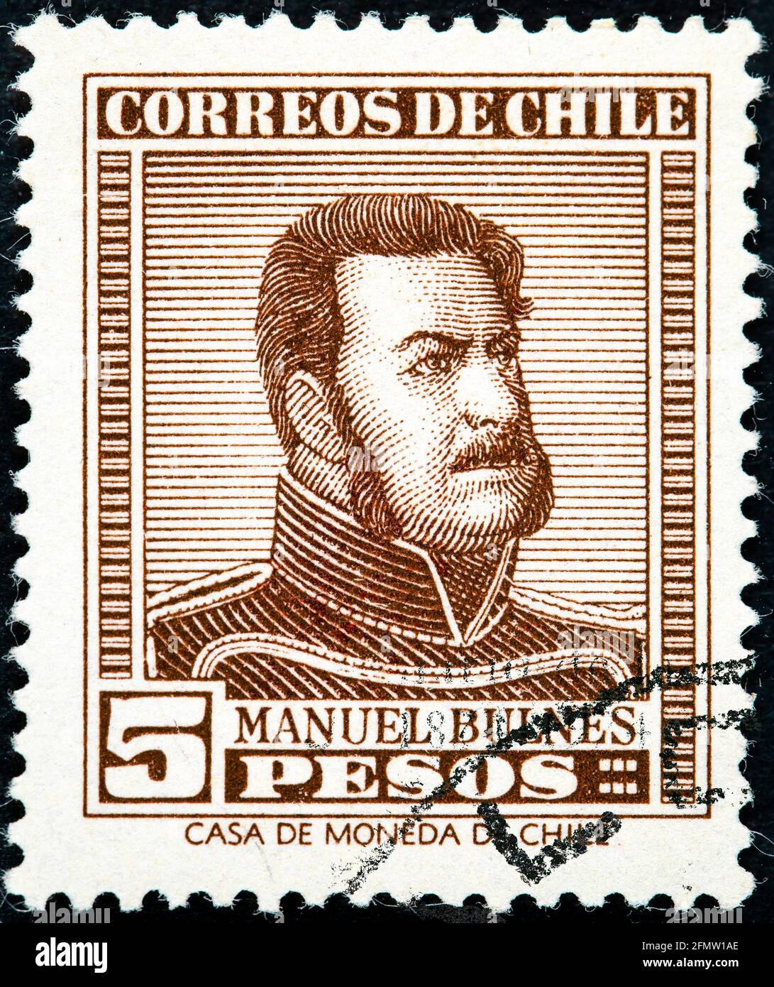 CHILE - UM 1956: Eine in Chile gedruckte Briefmarke zeigt Manuel Bulnes Prieto, 5. Präsident Chiles, 1841 - 1851, um 1956 Stockfoto