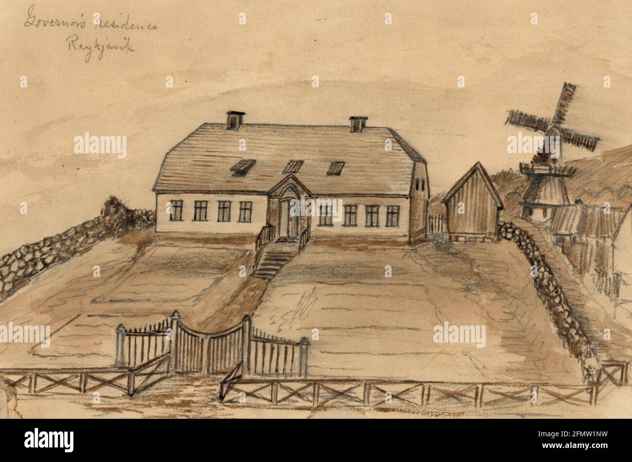 Residenz des Gouverneurs Reykjavik - die Zeichnung zeigt ein großes zweistöckiges Haus, das von einer Steinmauer umgeben ist, die Residenz des Gouverneurs von Island in der Hauptstadt Reykjavk. Bayard Taylor besuchte Island im Jahr 1862, vielleicht auf dem Weg nach Russland Stockfoto